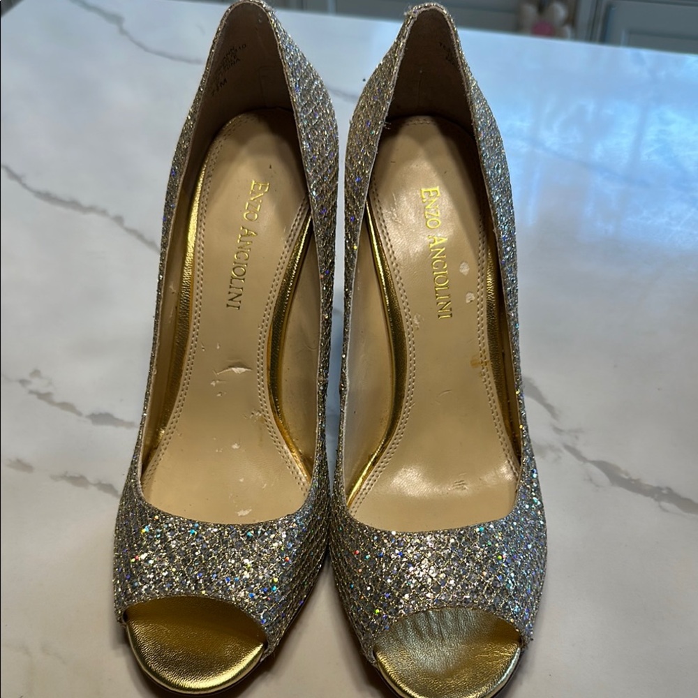 Enzo Angiolini Glittering Silver Peep Toe Heels